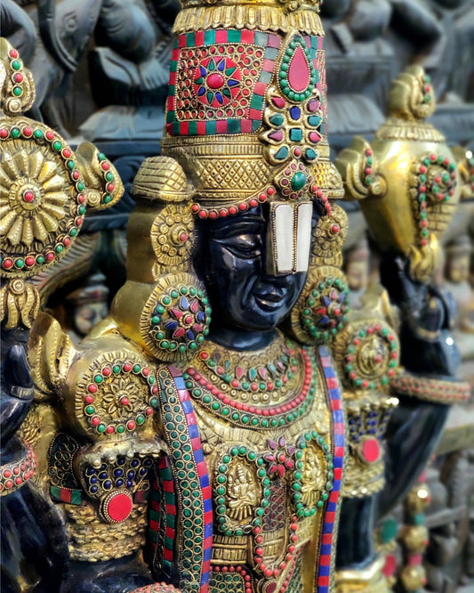 Pure Brass Tirupati Balaji Idol with Full Stonework - Black & Golden Finish, 48" - Budhshiv.com