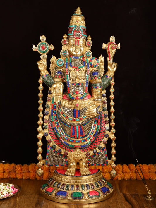 Pure Brass Tirupati Balaji Idol with Stonework 38" - Budhshiv.com