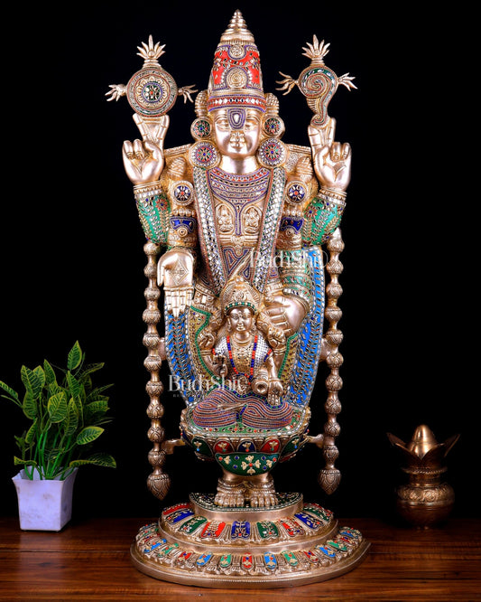 Pure Brass Tirupati Balaji Statue with Lakshmi 34.5 inch meenakari Stonework - Budhshiv.com