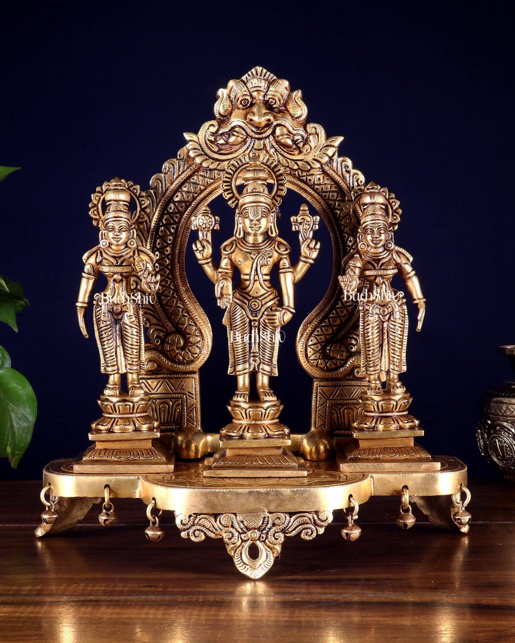Pure Brass Tirupati Balaji with Bhudevi & Sridevi on Singhasan with Prabhavali – Complete Set 12 inch - Budhshiv.com