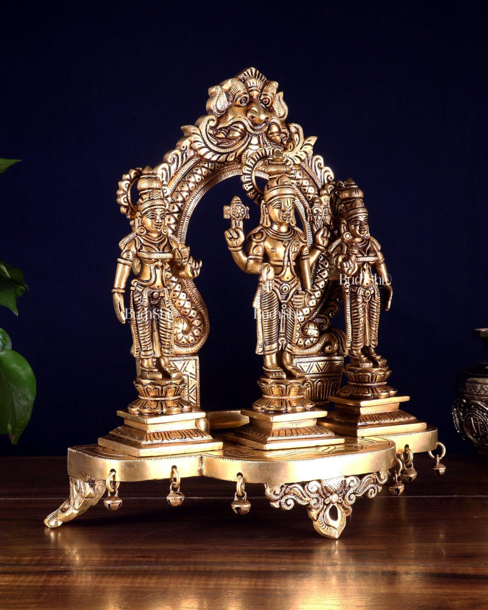 Pure Brass Tirupati Balaji with Bhudevi & Sridevi on Singhasan with Prabhavali – Complete Set 12 inch - Budhshiv.com