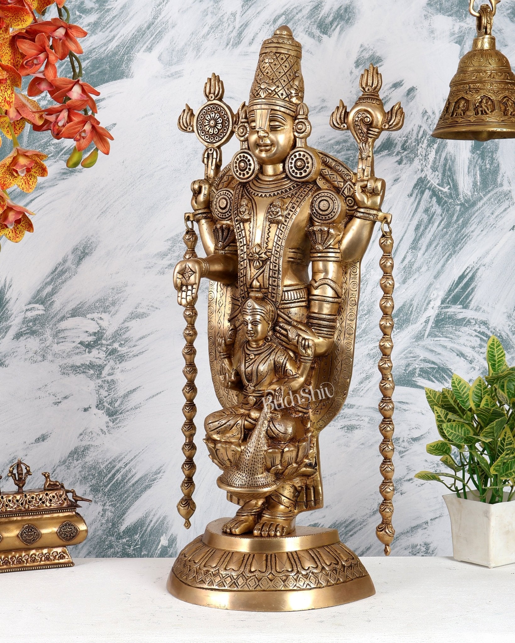 Pure Brass Tirupati Balaji with Engraved Goddess Lakshmi – 28” Antique gold - Budhshiv.com