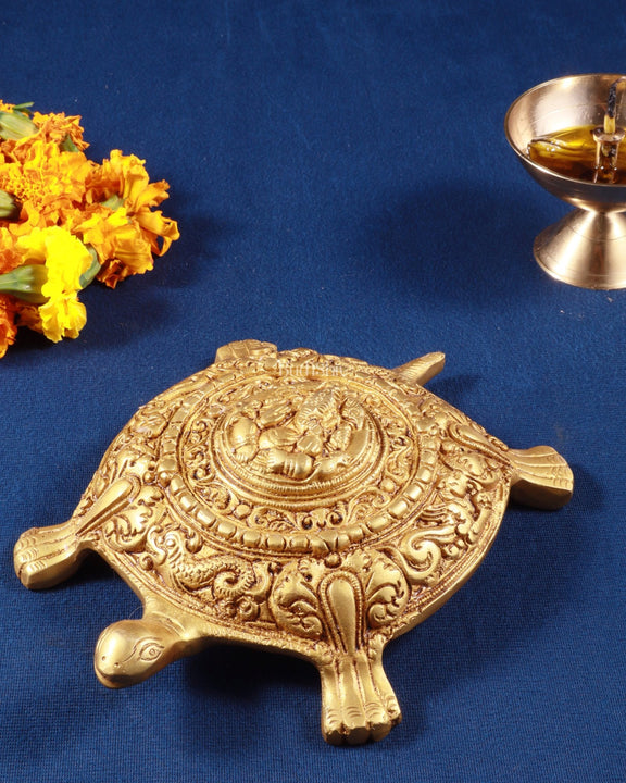 Pure Brass Tortoise with Lord Ganesha Engraving – Vastu Approved, 8 Inch - Budhshiv.com