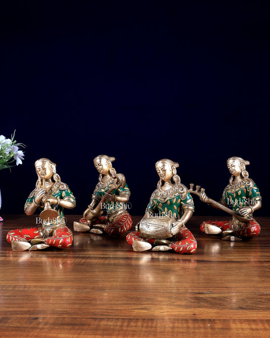 Pure Brass Tribal Lady Musicians – Set of 4 Decorative Showpieces - Budhshiv.com