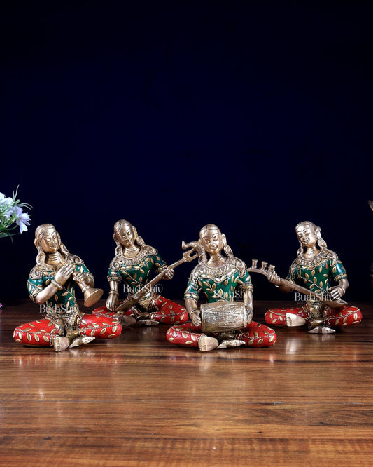 Pure Brass Tribal Lady Musicians – Set of 4 Decorative Showpieces - Budhshiv.com