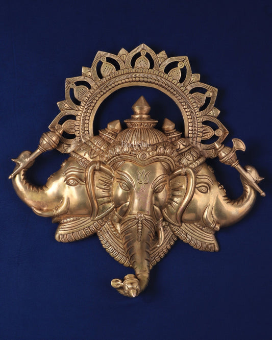 Pure Brass Trimukhi Ganapati Wall Hanging 17.5" - Budhshiv.com
