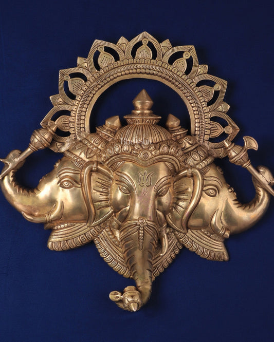 Pure Brass Trimukhi Ganapati Wall Hanging 17.5" - Budhshiv.com
