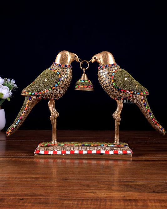 Pure Brass Twin Parrot Decorative Vastu Showpiece with Meenakari Stonework 14.5 inch wide - Budhshiv.com