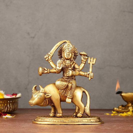 Pure Brass Umiya Mata Idol - 5.5" durga on cow - Budhshiv.com