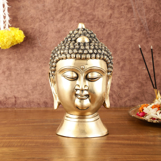 Pure Brass Unique Buddha Head Statue with Mani - 9" - Budhshiv.com