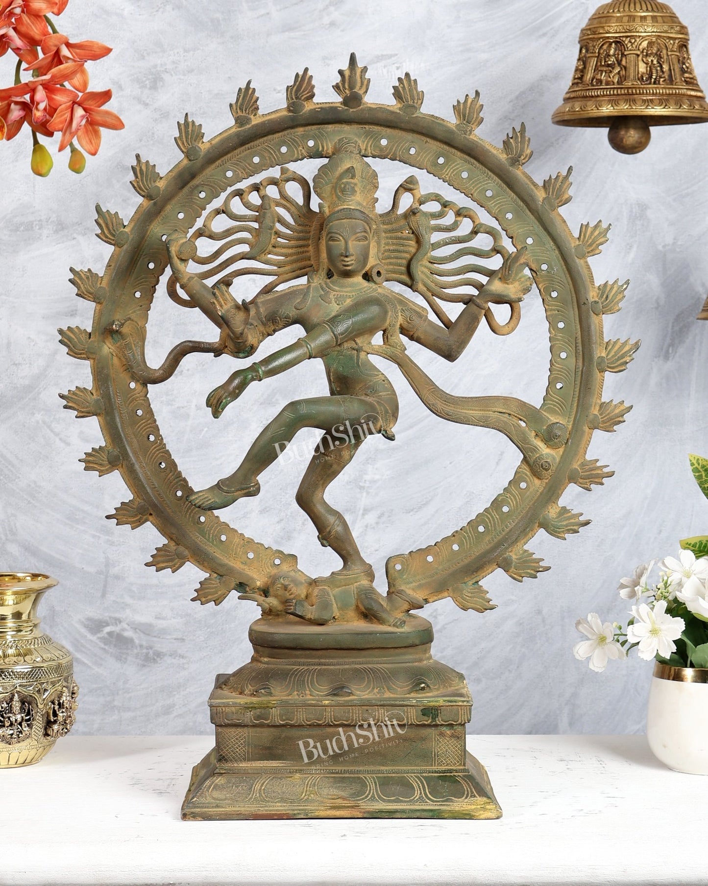 Pure Brass Unique Dancing Shiva Nataraja Statue - Height 21" dark Green patina - Budhshiv.com