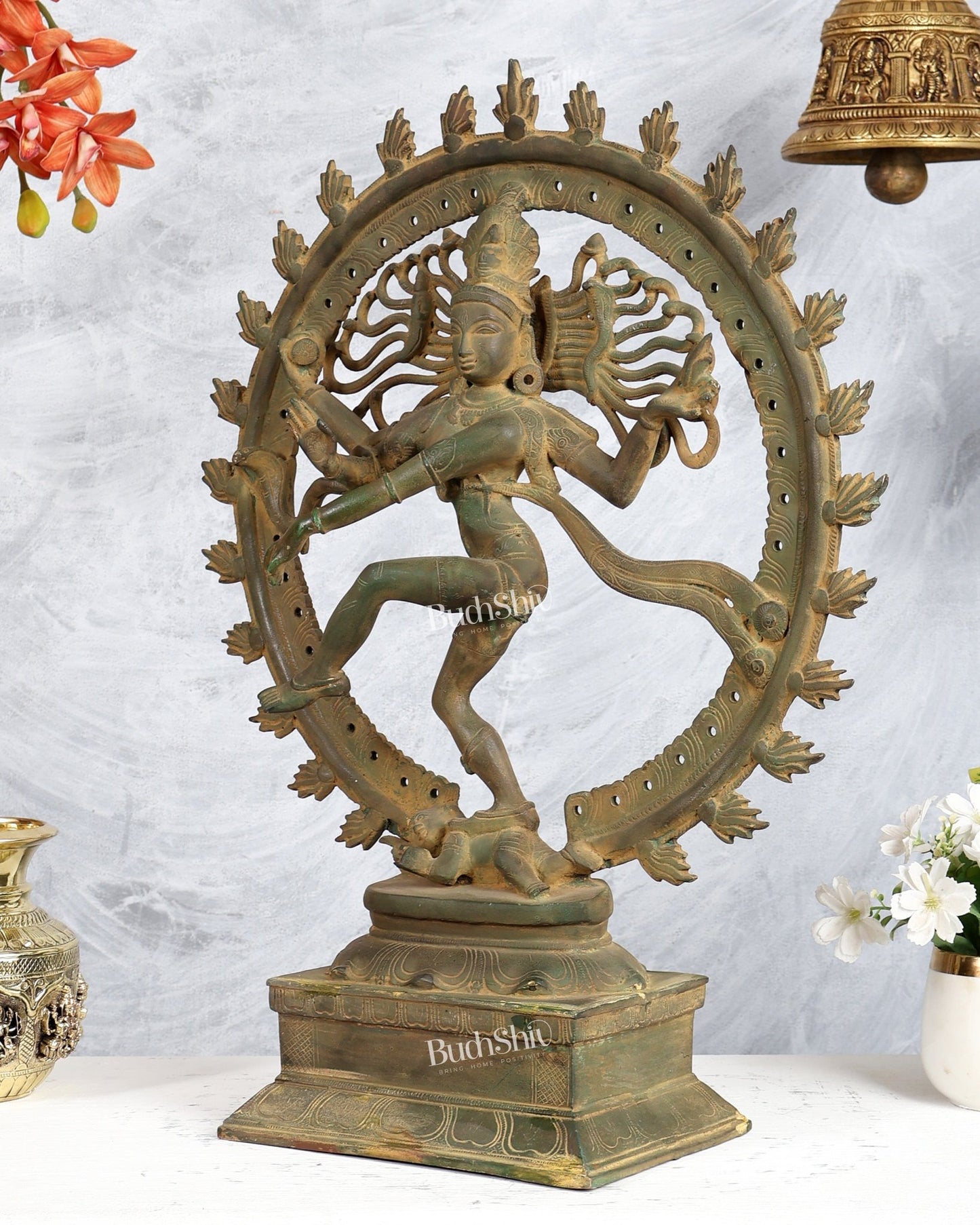 Pure Brass Unique Dancing Shiva Nataraja Statue - Height 21" dark Green patina - Budhshiv.com