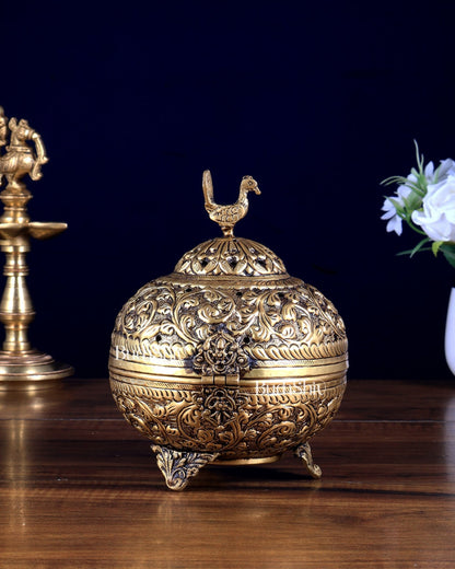 Pure Brass Unique Dhoop Burner / Loban Daan – Peacock Motif & Full Carvings - Budhshiv.com