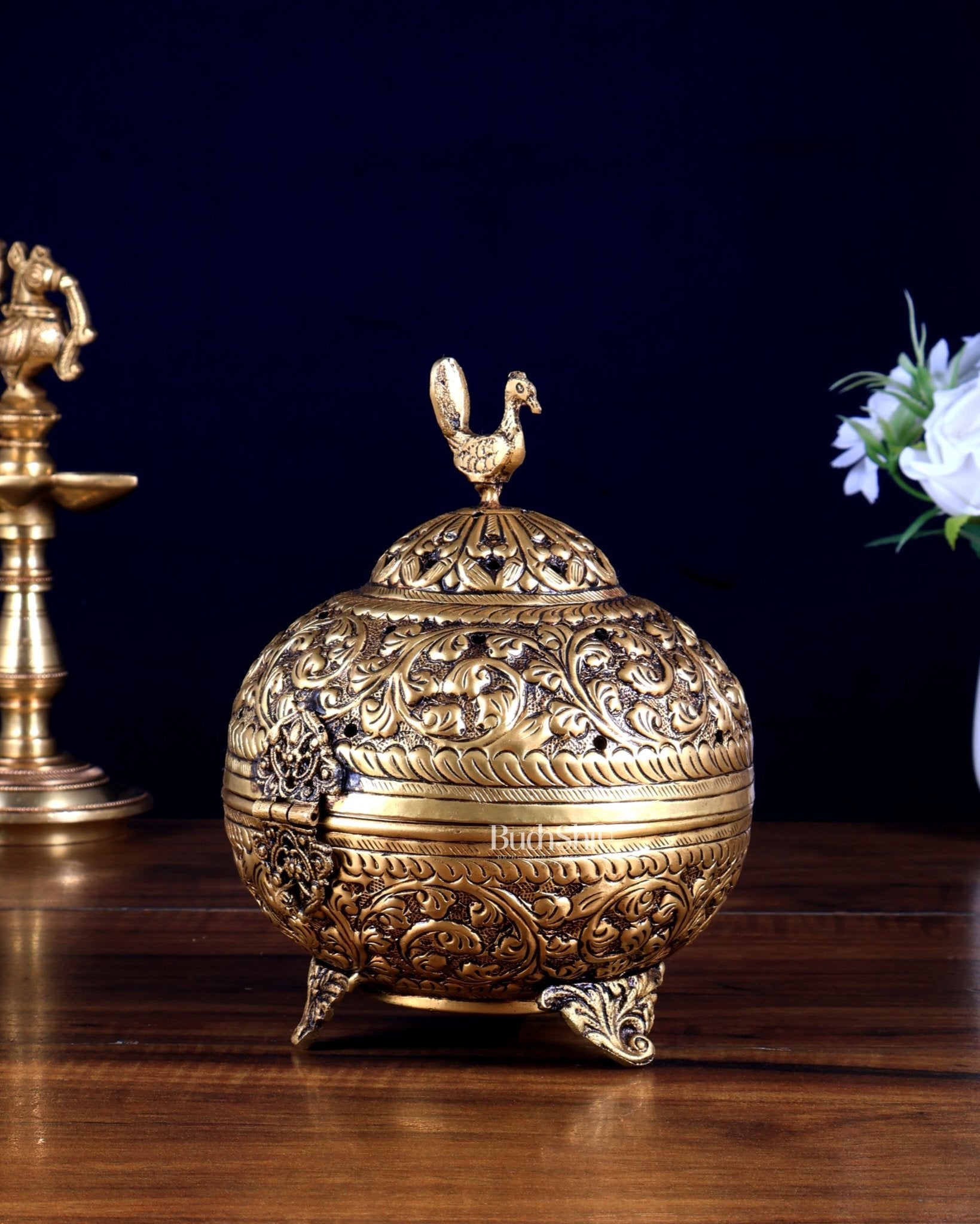 Pure Brass Unique Dhoop Burner / Loban Daan – Peacock Motif & Full Carvings - Budhshiv.com