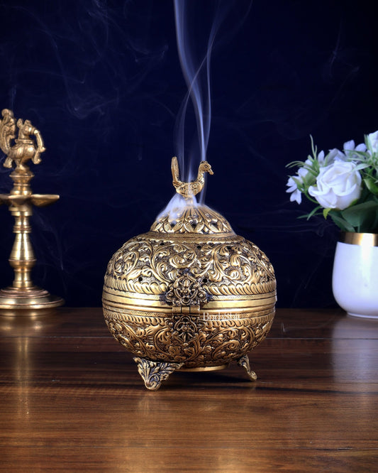 Pure Brass Unique Dhoop Burner / Loban Daan – Peacock Motif & Full Carvings - Budhshiv.com