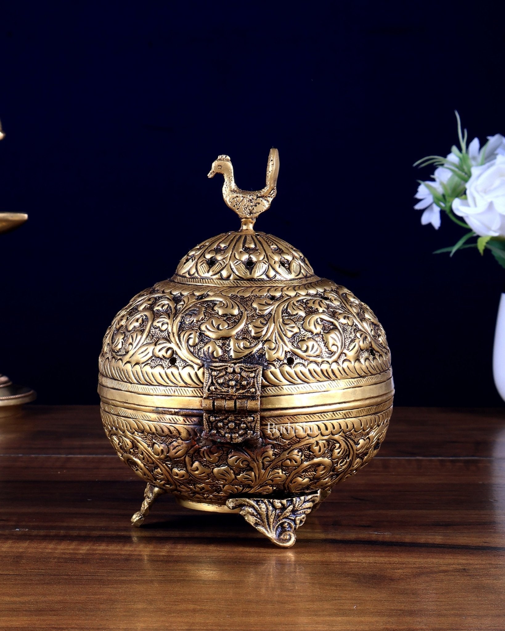 Pure Brass Unique Dhoop Burner / Loban Daan – Peacock Motif & Full Carvings - Budhshiv.com