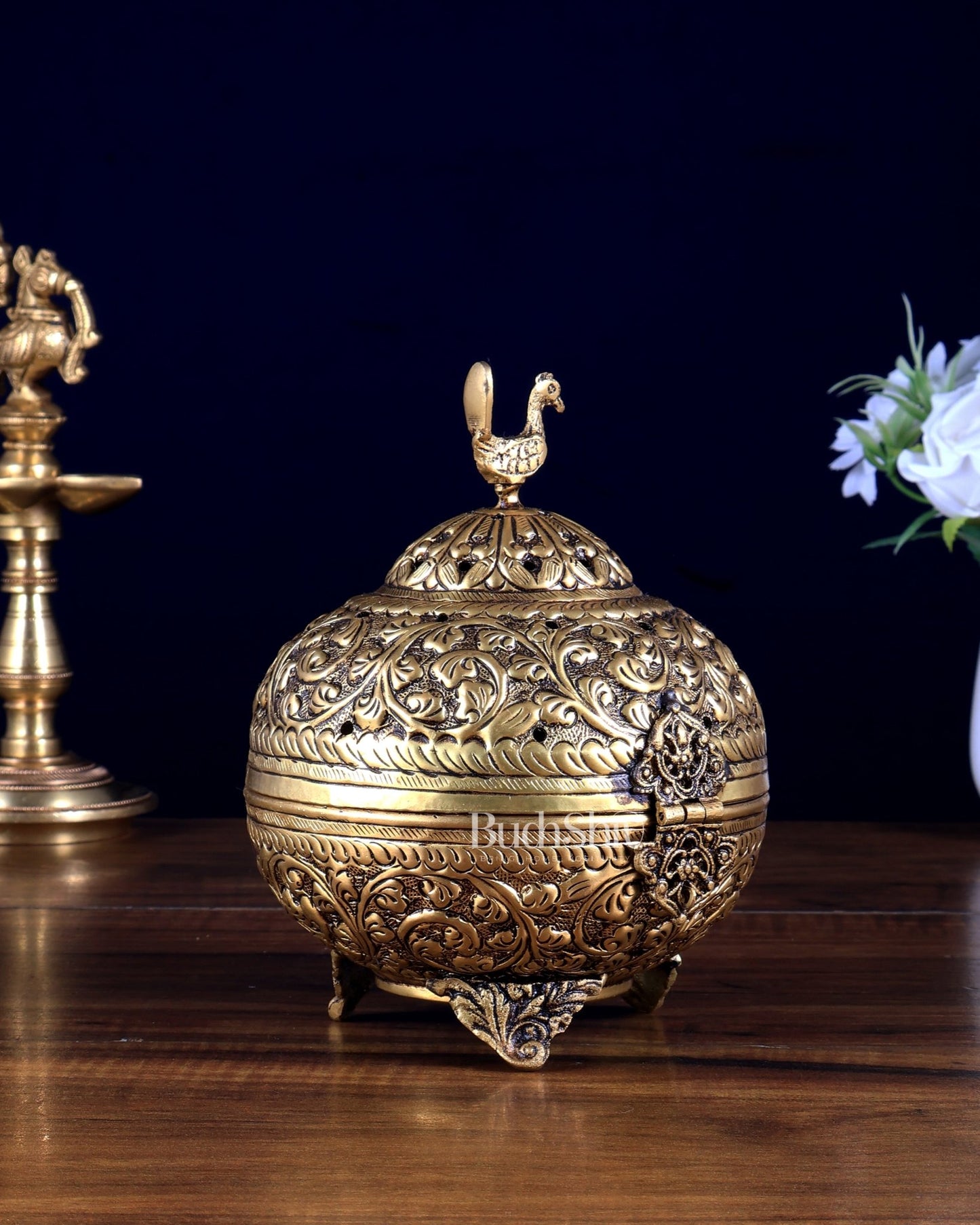 Pure Brass Unique Dhoop Burner / Loban Daan – Peacock Motif & Full Carvings - Budhshiv.com