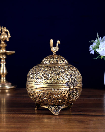 Pure Brass Unique Dhoop Burner / Loban Daan – Peacock Motif & Full Carvings - Budhshiv.com