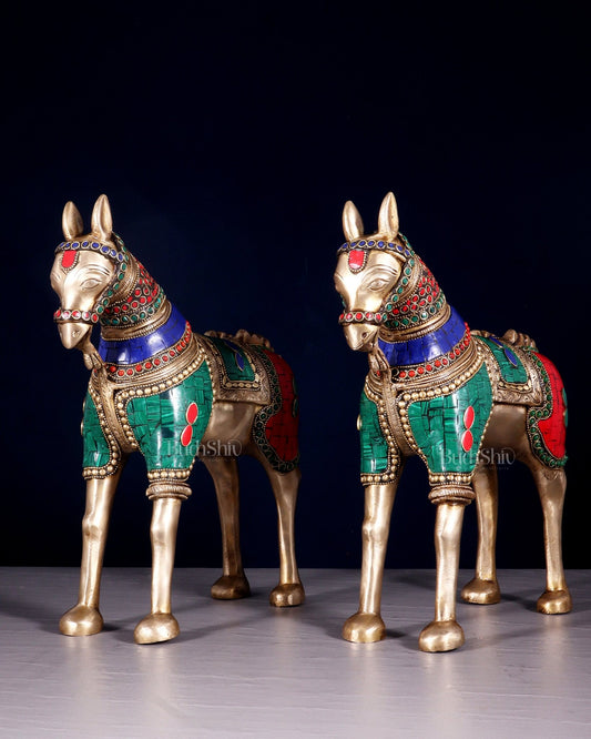 Pure Brass Unique Horse Statue Showpiece Pair | 12.6" - Budhshiv.com