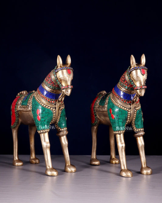 Pure Brass Unique Horse Statue Showpiece Pair | 12.6" - Budhshiv.com