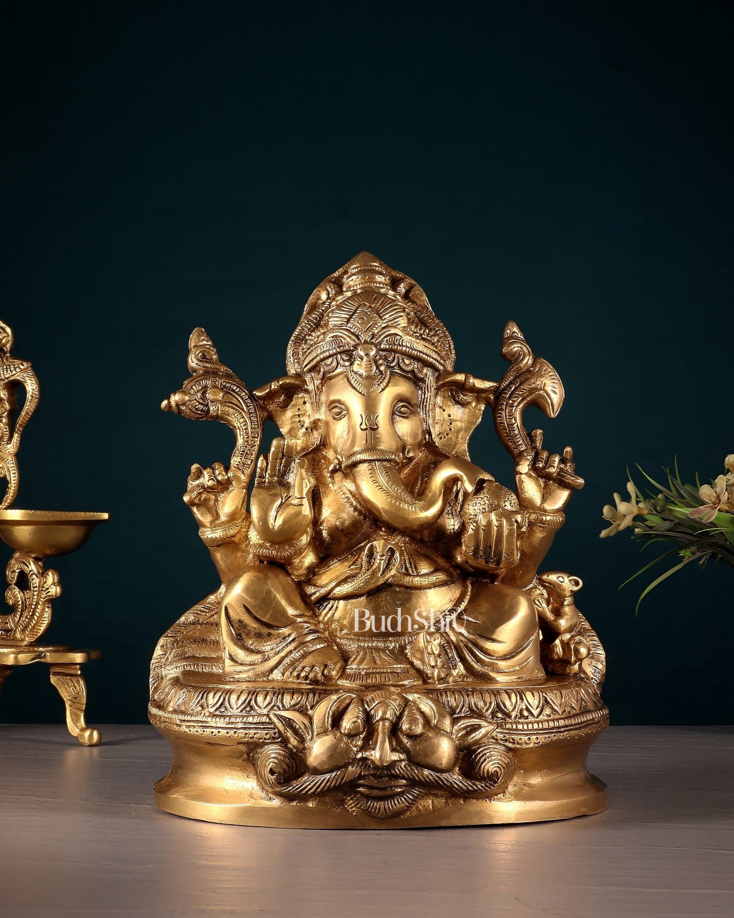 Pure Brass Unique Lord Ganesha Idol with Kirtimukha Engraved Base – 8 Inch - Budhshiv.com