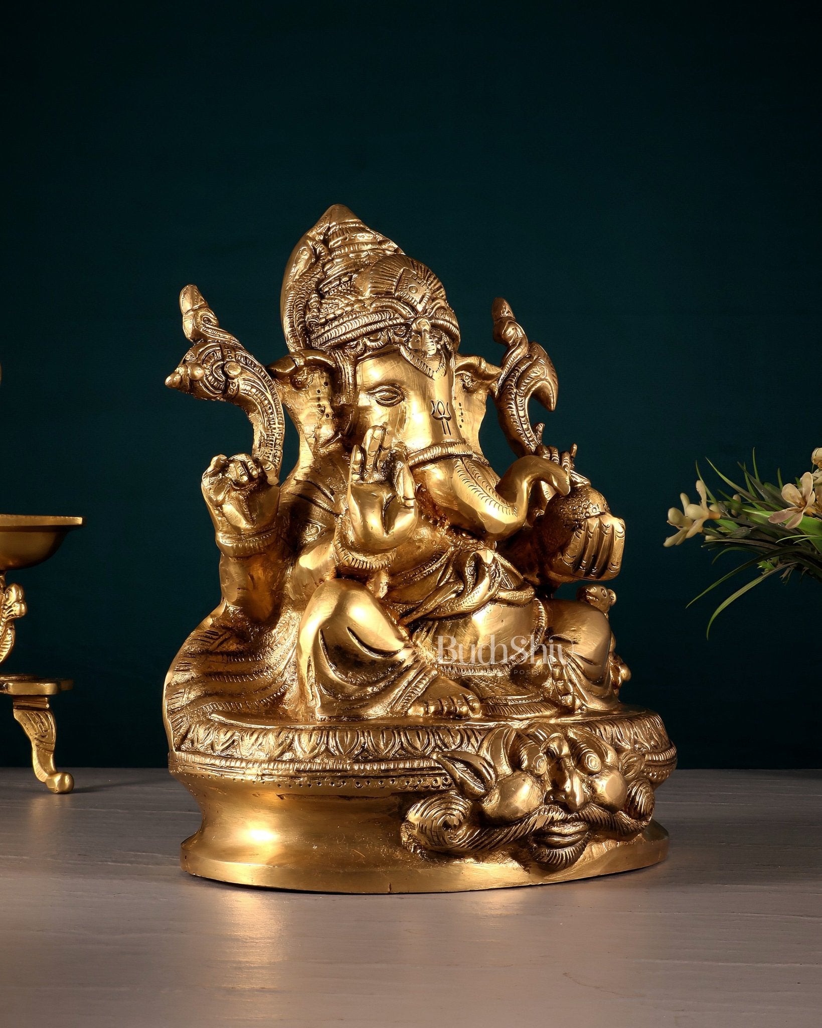 Pure Brass Unique Lord Ganesha Idol with Kirtimukha Engraved Base – 8 Inch - Budhshiv.com