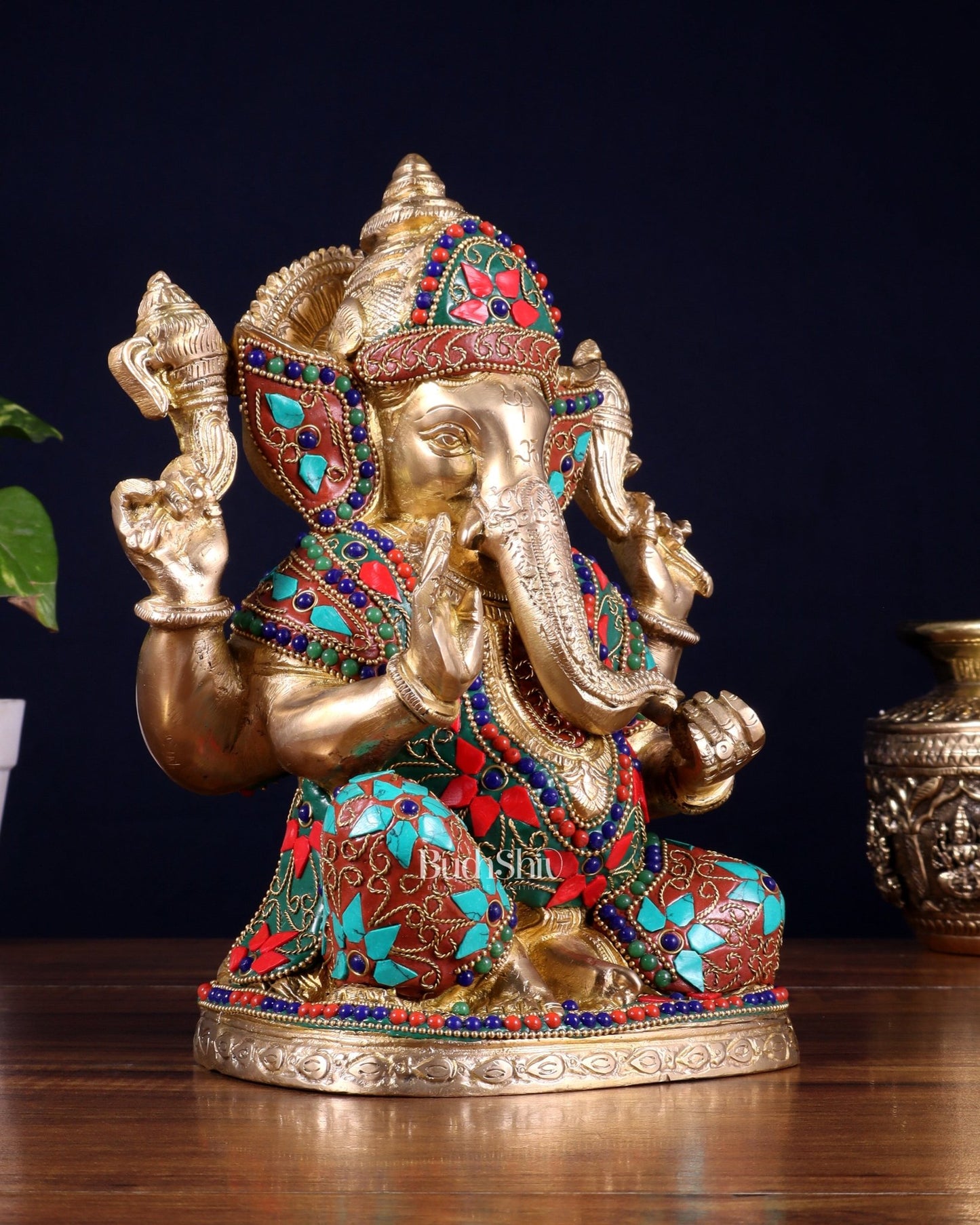Pure Brass Unique Lord Ganesha Statue with Floral Stonework 9 inch - Budhshiv.com