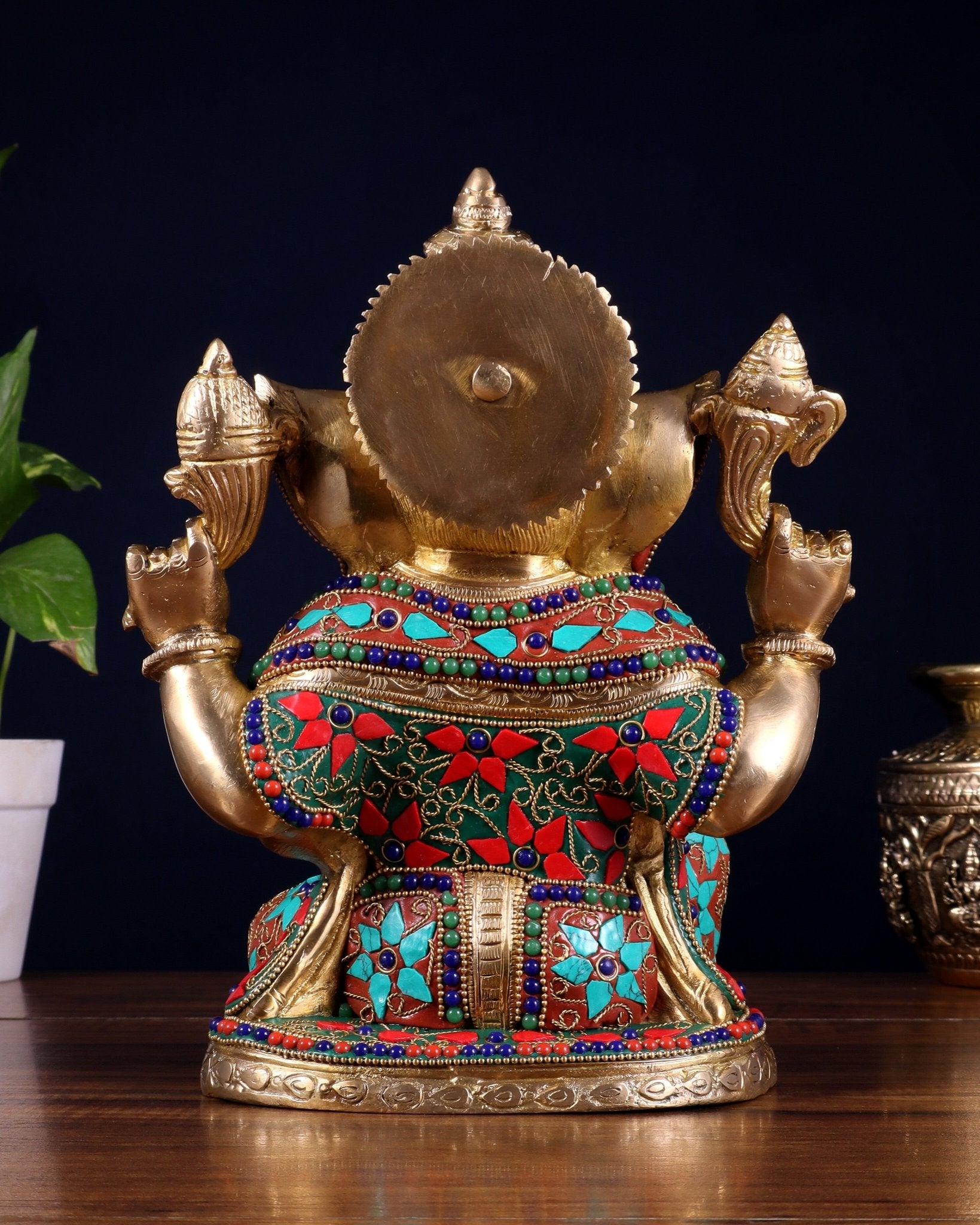Pure Brass Unique Lord Ganesha Statue with Floral Stonework 9 inch - Budhshiv.com
