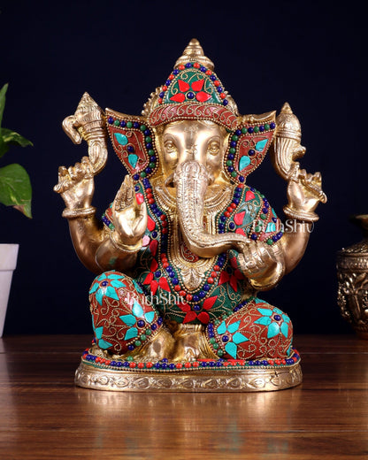 Pure Brass Unique Lord Ganesha Statue with Floral Stonework 9 inch - Budhshiv.com