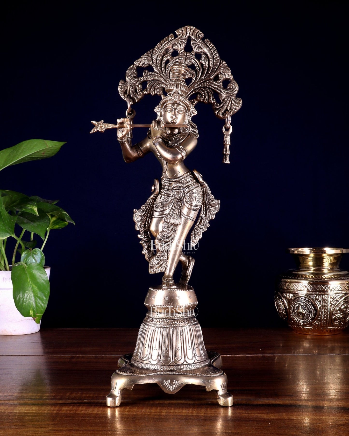 Pure Brass Unique Lord Krishna Idol 14.5 inch - Budhshiv.com