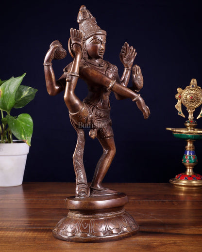 Pure Brass Urdhva Tandava Dancing Shiva Statue – Dark Brown Tone 12" - Budhshiv.com