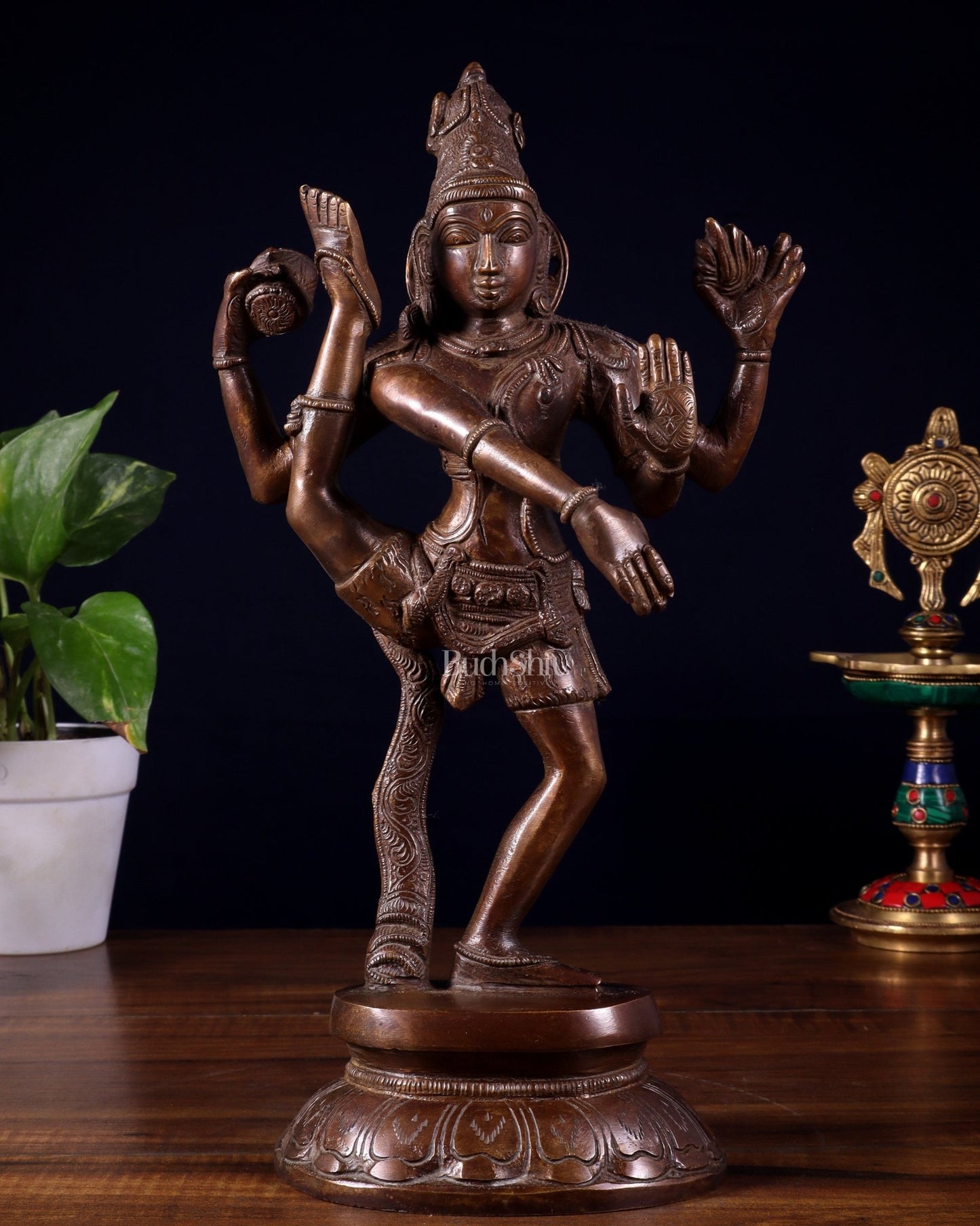 Pure Brass Urdhva Tandava Dancing Shiva Statue – Dark Brown Tone 12" - Budhshiv.com
