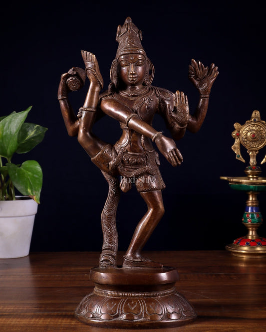 Pure Brass Urdhva Tandava Dancing Shiva Statue – Dark Brown Tone 12" - Budhshiv.com