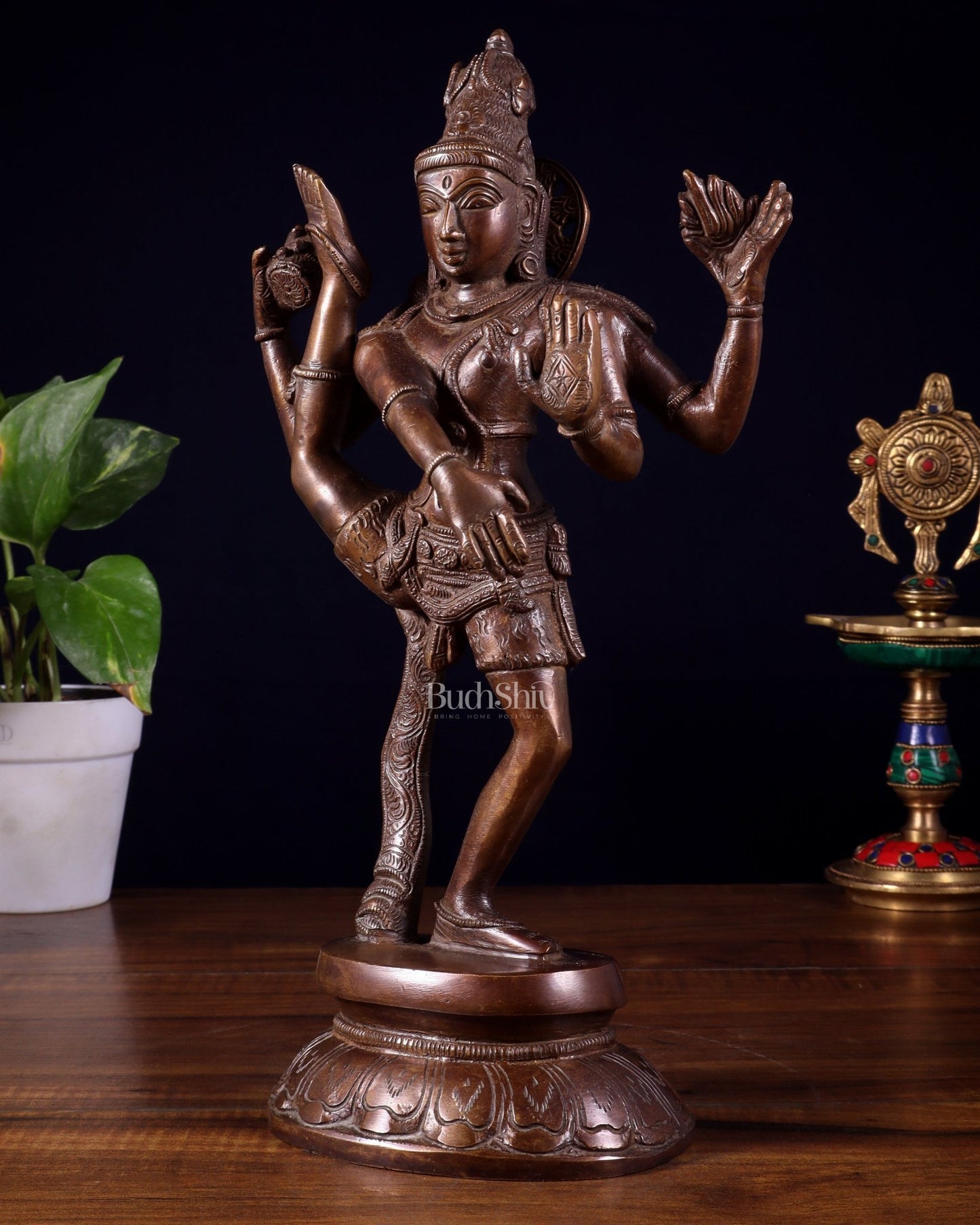 Pure Brass Urdhva Tandava Dancing Shiva Statue – Dark Brown Tone 12" - Budhshiv.com