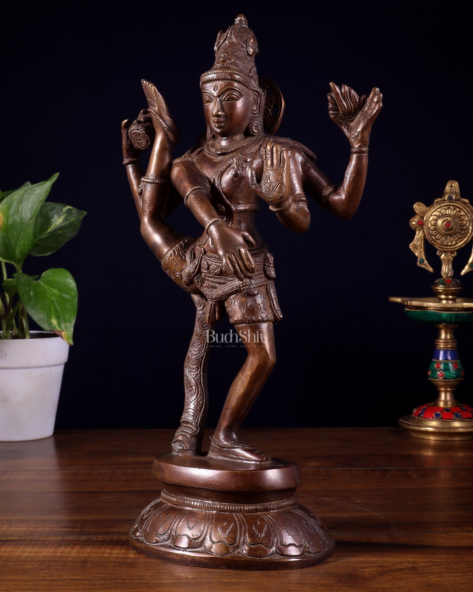 Pure Brass Urdhva Tandava Dancing Shiva Statue – Dark Brown Tone 12" - Budhshiv.com