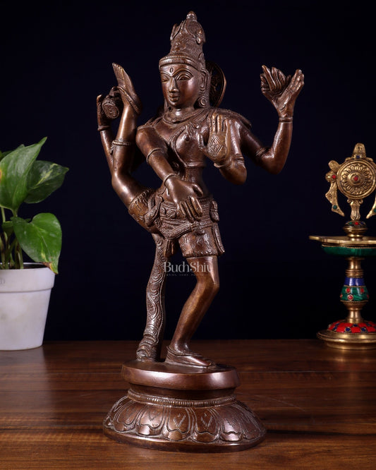 Pure Brass Urdhva Tandava Dancing Shiva Statue – Dark Brown Tone 12" - Budhshiv.com