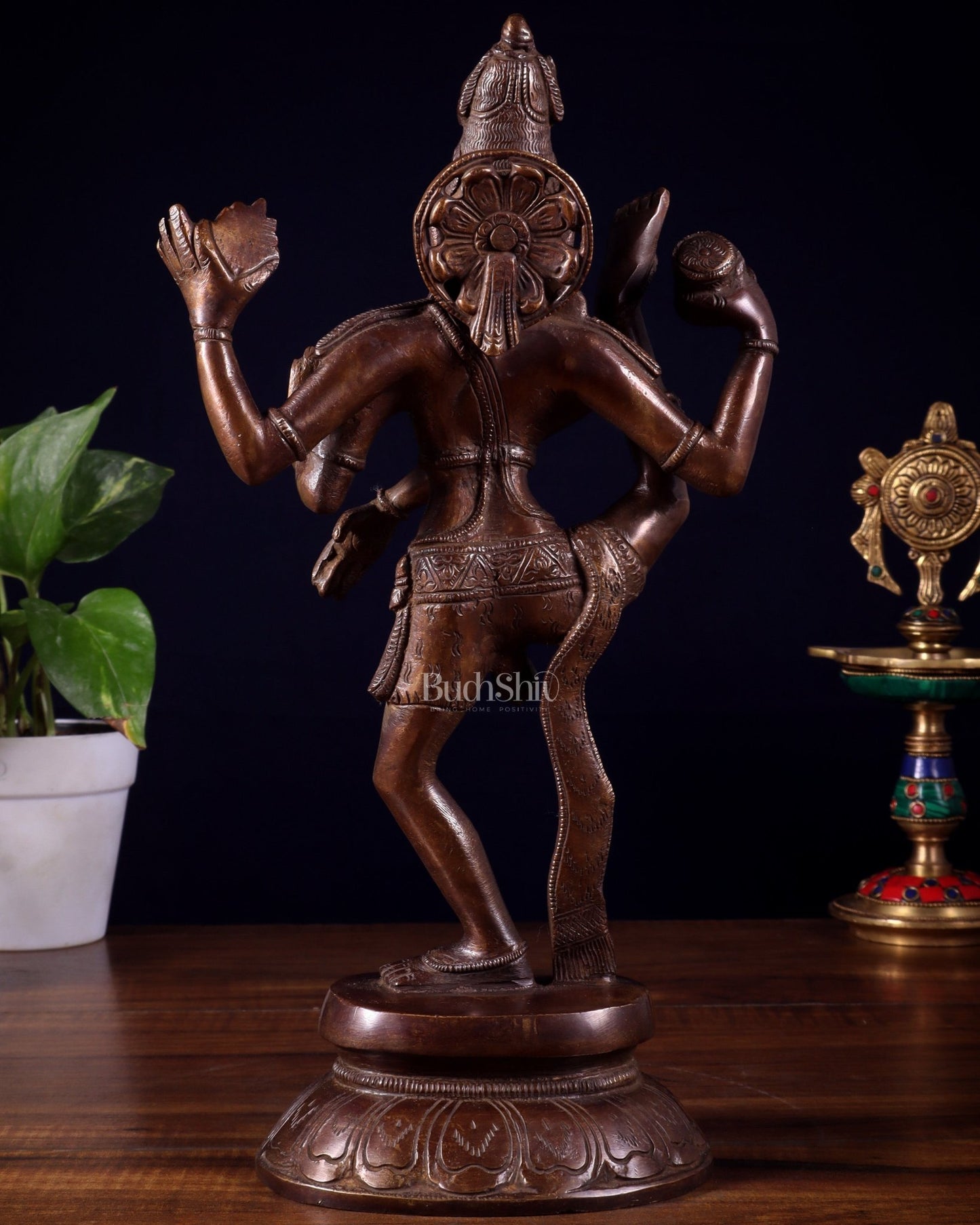 Pure Brass Urdhva Tandava Dancing Shiva Statue – Dark Brown Tone 12" - Budhshiv.com