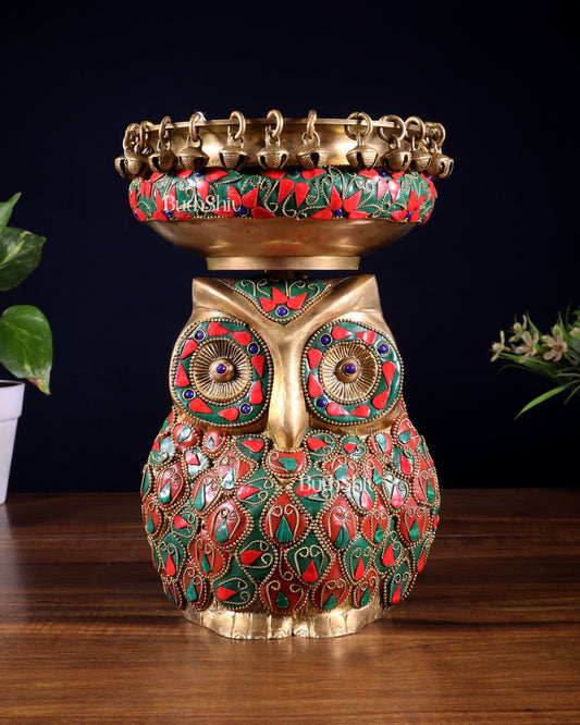 Pure Brass Urli Bowl with Large Owl – Adorned with Stonework | Unique Gift & Home Accent - Budhshiv.com