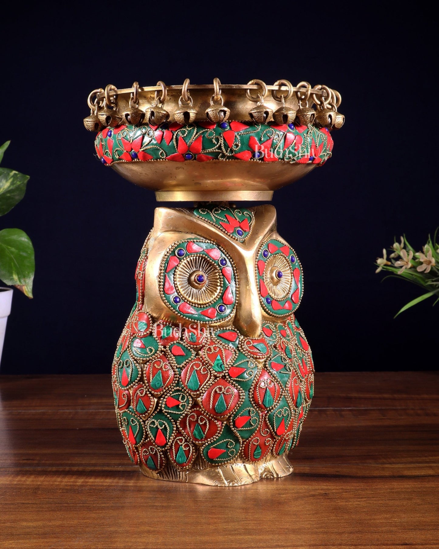 Pure Brass Urli Bowl with Large Owl – Adorned with Stonework | Unique Gift & Home Accent - Budhshiv.com