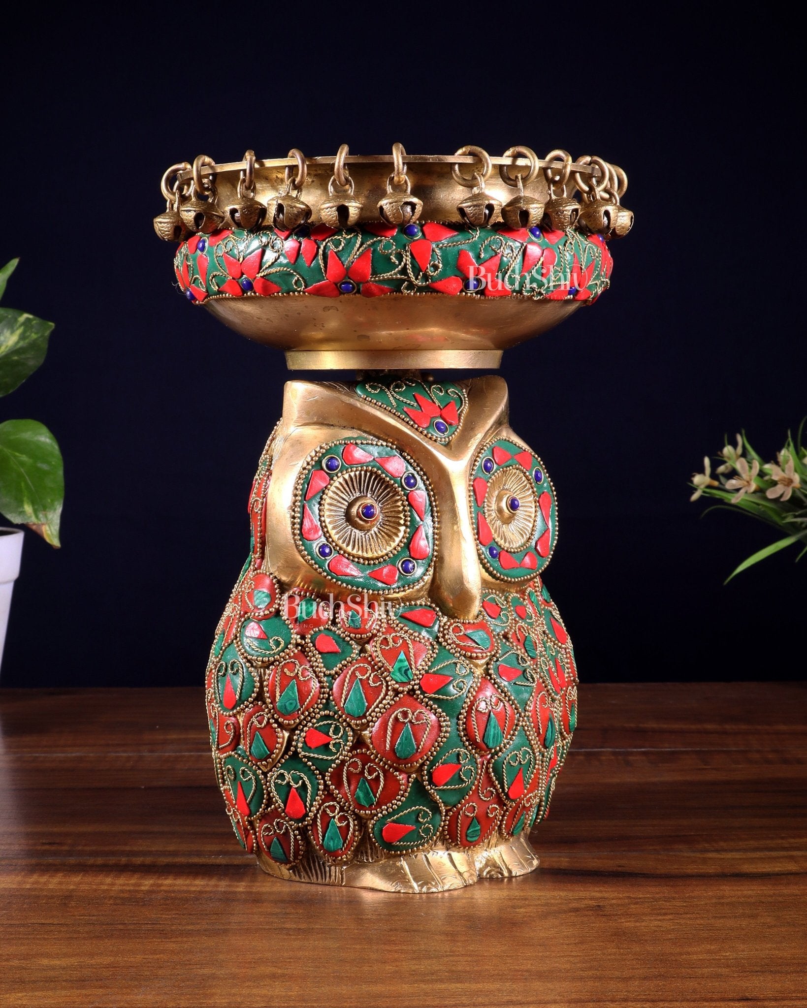 Pure Brass Urli Bowl with Large Owl – Adorned with Stonework | Unique Gift & Home Accent - Budhshiv.com