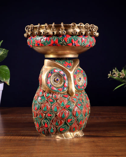 Pure Brass Urli Bowl with Large Owl – Adorned with Stonework | Unique Gift & Home Accent - Budhshiv.com