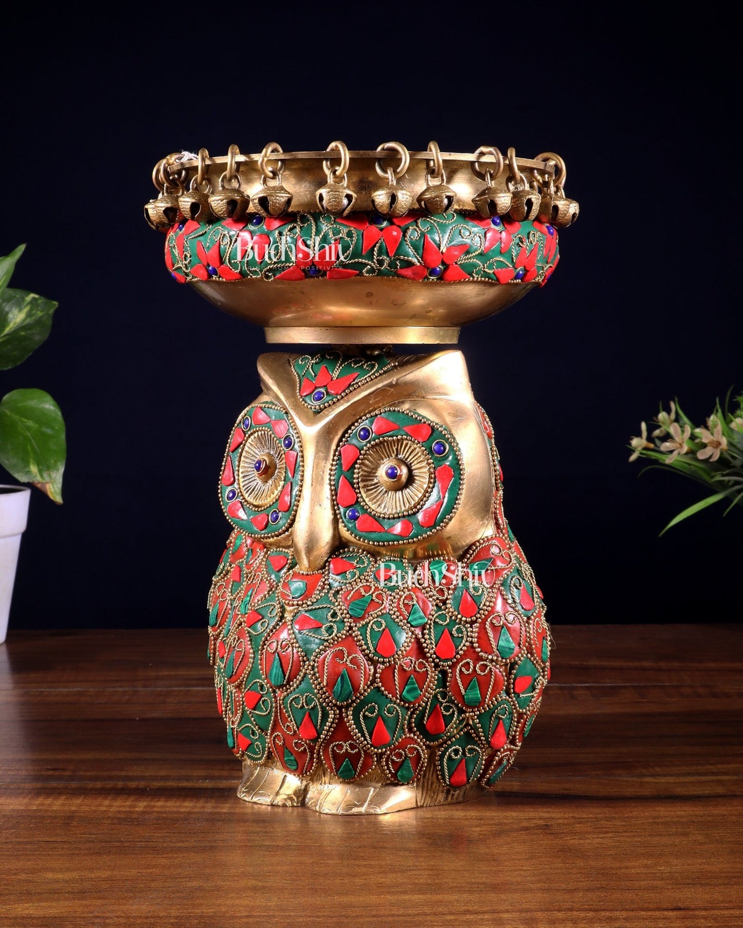Pure Brass Urli Bowl with Large Owl – Adorned with Stonework | Unique Gift & Home Accent - Budhshiv.com