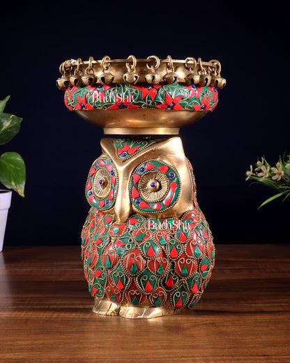 Pure Brass Urli Bowl with Large Owl – Adorned with Stonework | Unique Gift & Home Accent - Budhshiv.com