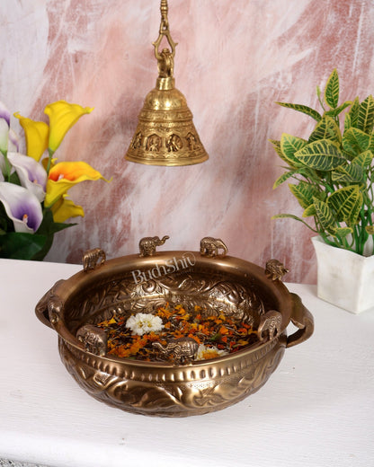 Pure Brass Urli with Elephant Motifs – Lightweight Antique Tone Decorative Bowl (11 Inches) - Budhshiv.com