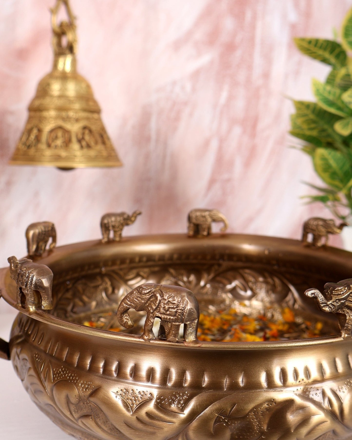 Pure Brass Urli with Elephant Motifs – Lightweight Antique Tone Decorative Bowl (11 Inches) - Budhshiv.com