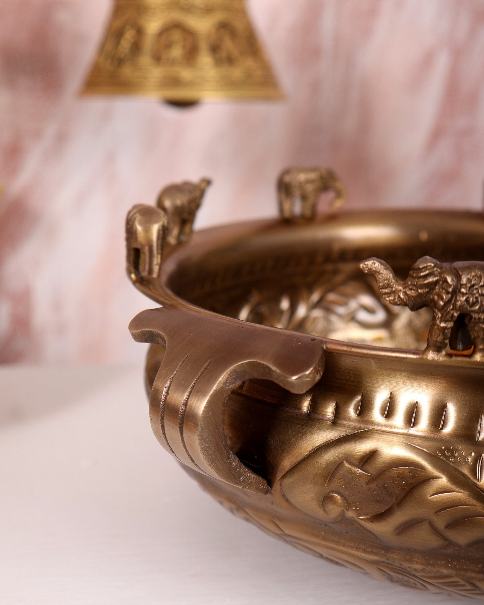 Pure Brass Urli with Elephant Motifs – Lightweight Antique Tone Decorative Bowl (11 Inches) - Budhshiv.com