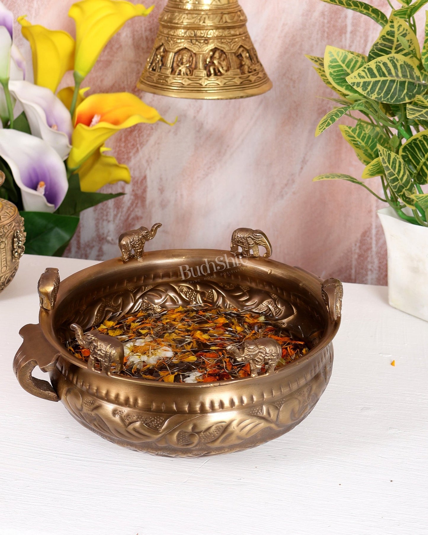Pure Brass Urli with Elephant Motifs – Lightweight Antique Tone Decorative Bowl (9.2 Inch) - Budhshiv.com