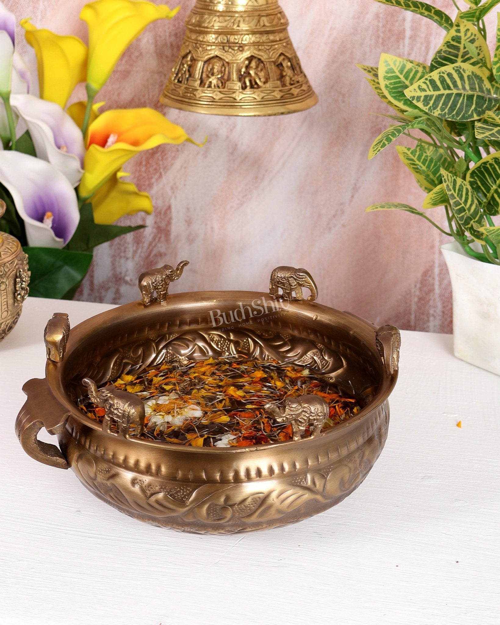 Pure Brass Urli with Elephant Motifs – Lightweight Antique Tone Decorative Bowl (9.2 Inch) - Budhshiv.com