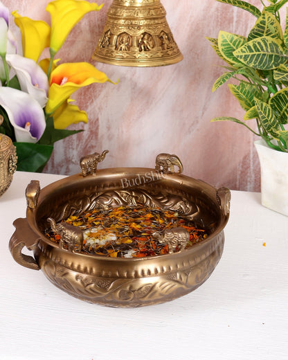 Pure Brass Urli with Elephant Motifs – Lightweight Antique Tone Decorative Bowl (9.2 Inch) - Budhshiv.com