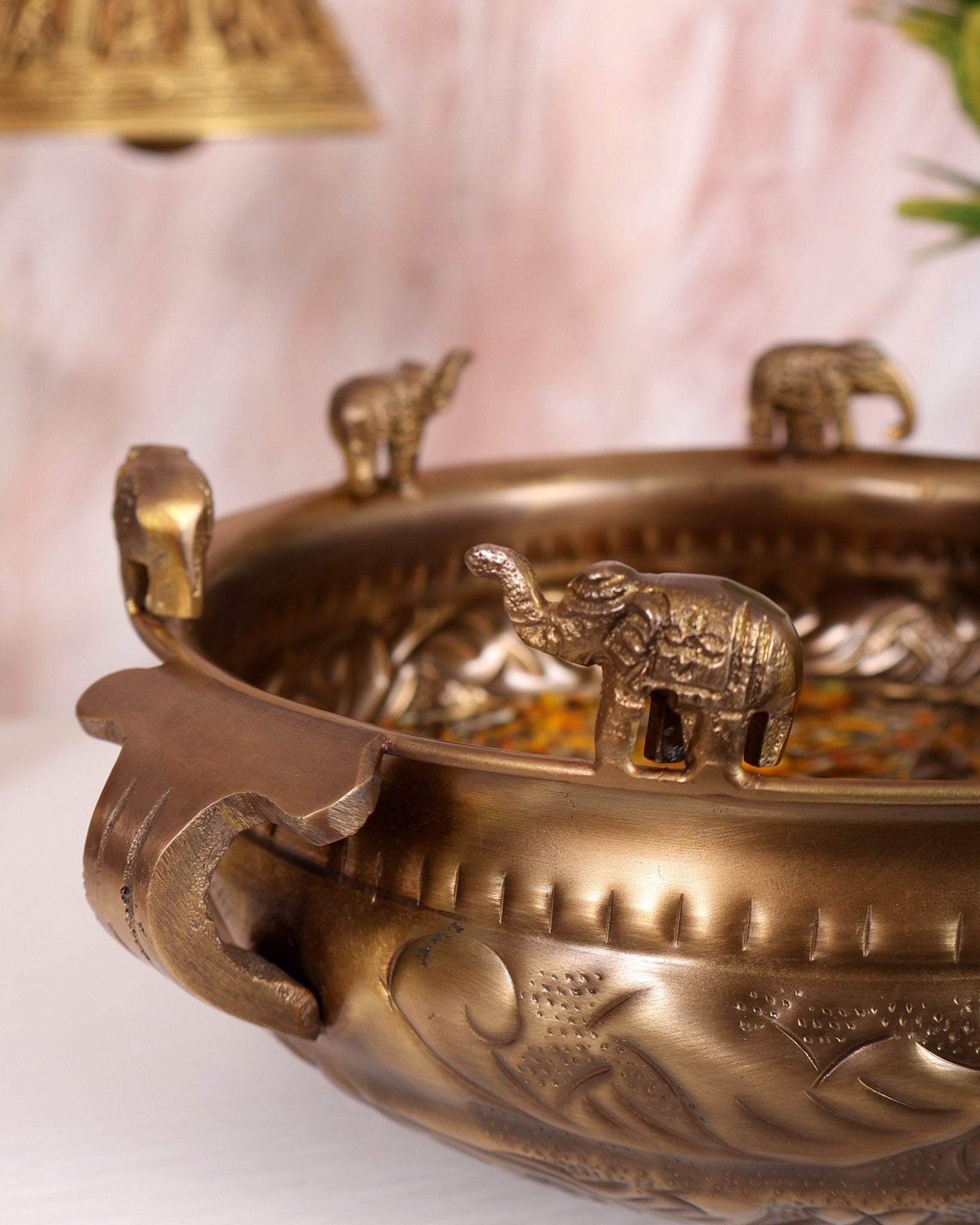 Pure Brass Urli with Elephant Motifs – Lightweight Antique Tone Decorative Bowl (9.2 Inch) - Budhshiv.com